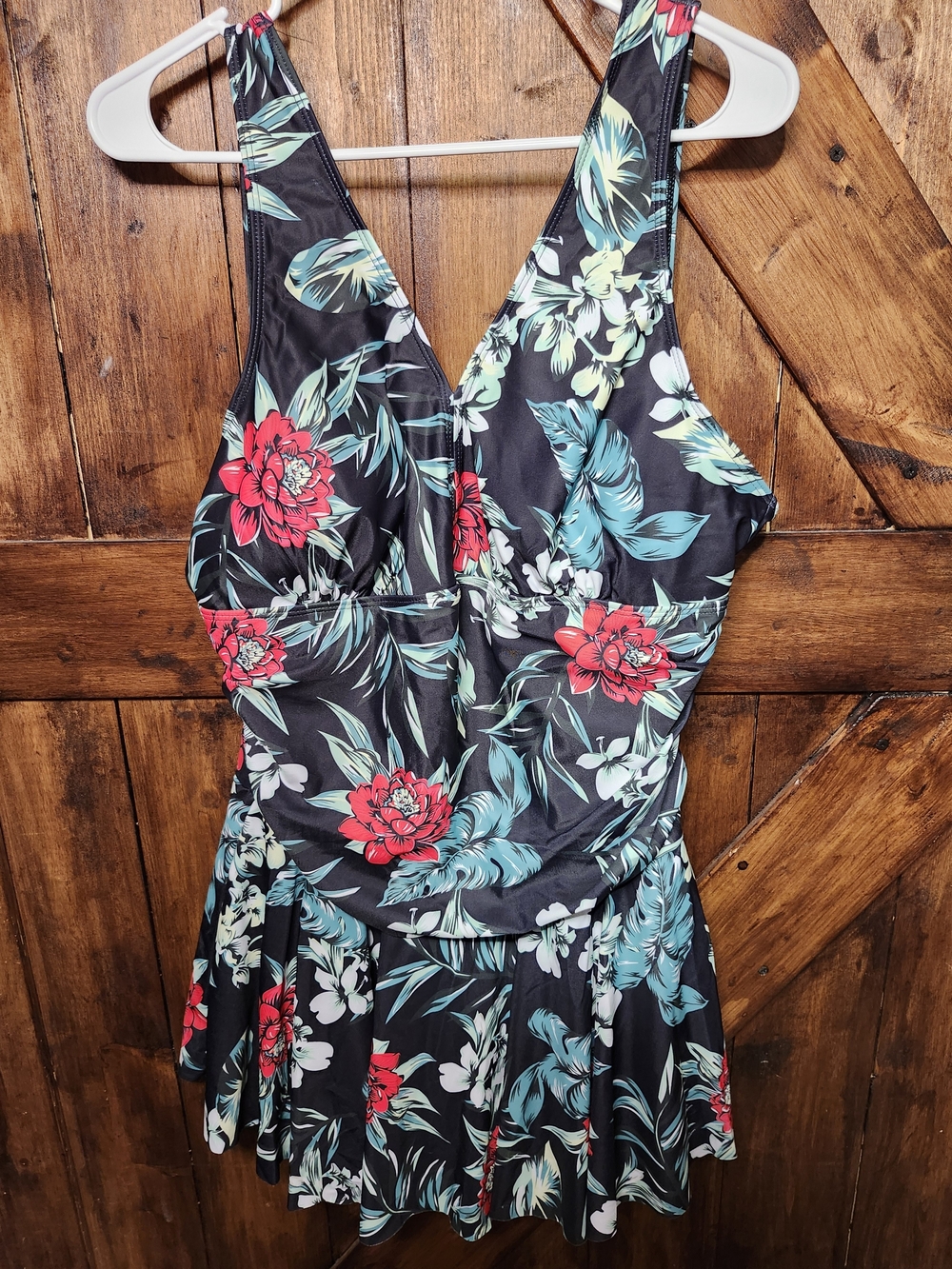 Black Floral Swimdress with Red & Green Flowers NWOT